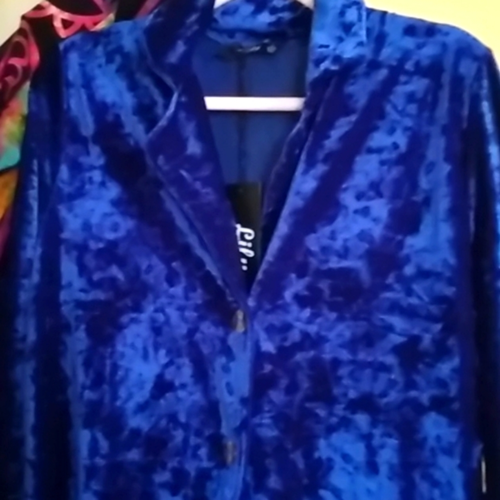 Blue Velvet duster jacket 42 bust , 42 length, sleeves cuffed 21"